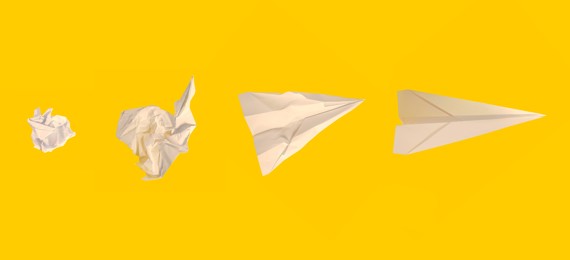 four stages - From crumbled paper to paper airplane