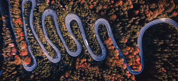 Aerial view of a forest with a snake like road.