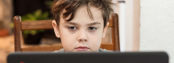 A child with messy hair looking at a laptop screen