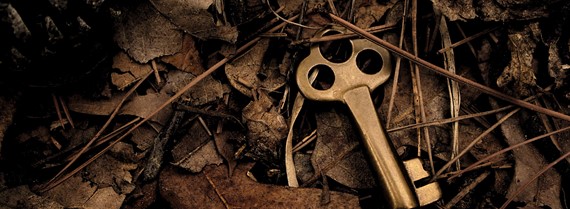 A golden coloured door key on the ground among dried leaves.