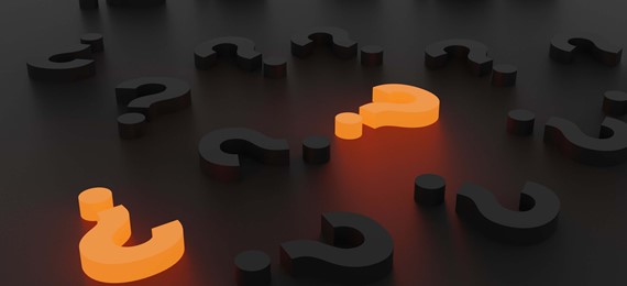 3D rendered image of randomly placed black question marks with two of them orange coloured.