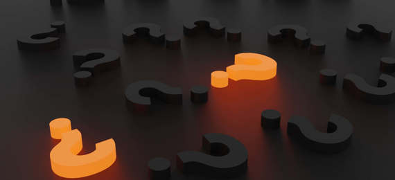 3D rendered image of randomly placed black question marks with two of them orange coloured.